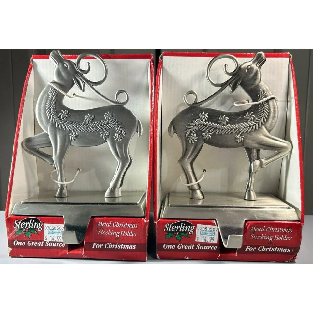 Christmas RainDeer Mantel Christmas Stocking Holder x2 Silver NIB
